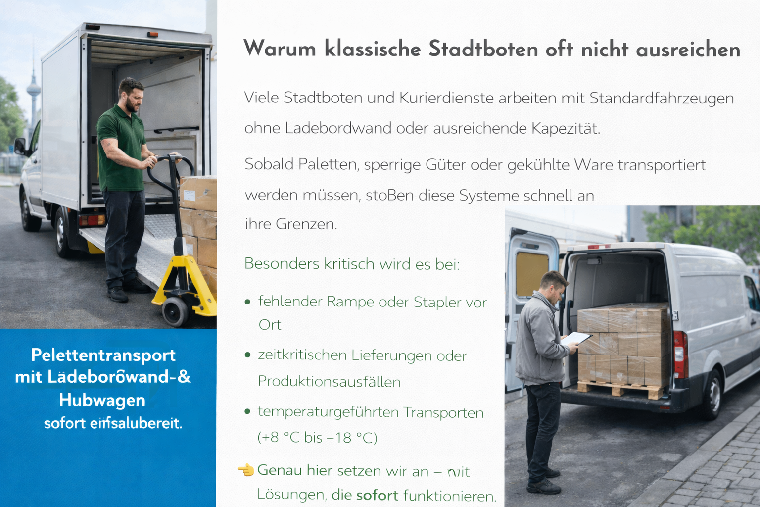 Palettentransport mit Ladebordwand & Hubwagen in Berlin - Professioneller Palettentransport in Berlin mit 3,5t Fahrzeug, Ladebordwand und Hubwagen. Die Ware kann direkt vor Ort entladen werden – auch ohne Rampe oder Stapler. Ideal als schnelle Stadtbote-Alternative für Paletten, sperrige Güter und kurzfristige Transporte in Berlin und Brandenburg.