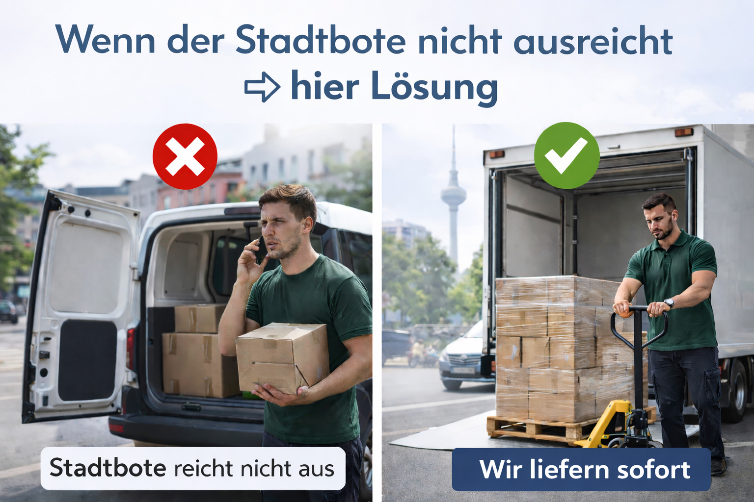 Stadtbote Alternative Berlin – Palettentransport mit Ladebordwand und Hubwagen durch Kurierdienst Berlin - Unterschied zwischen einem klassischen Stadtboten und einer professionellen Transportlösung in Berlin. Während einfache Kurierdienste bei größeren Sendungen an ihre Grenzen stoßen, übernimmt ein moderner 3,5t Transport mit Ladebordwand und Hubwagen auch schwere Paletten sicher und effizient. Ideal für Unternehmen, die eine zuverlässige Alternative zum Stadtboten in Berlin und Brandenburg benötigen – insbesondere für zeitkritische, sperrige oder temperaturgeführte Transporte.